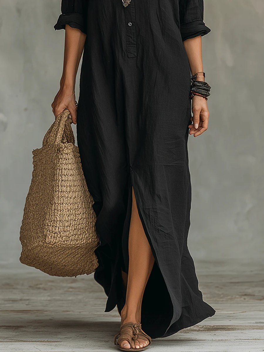 Women's Boho Button-Up Long Sleeve Dress Relaxed Maxi