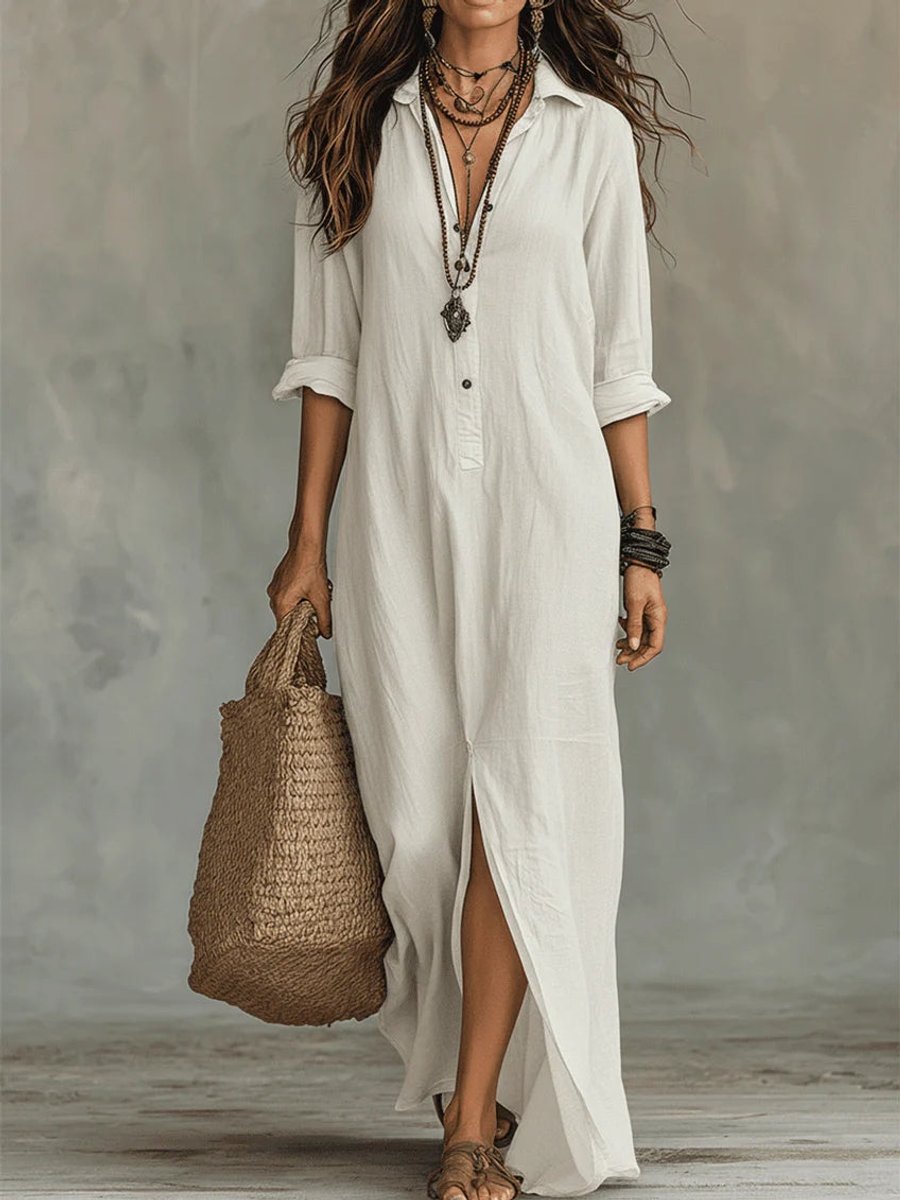 Women's Boho Button-Up Long Sleeve Dress Relaxed Maxi - White
