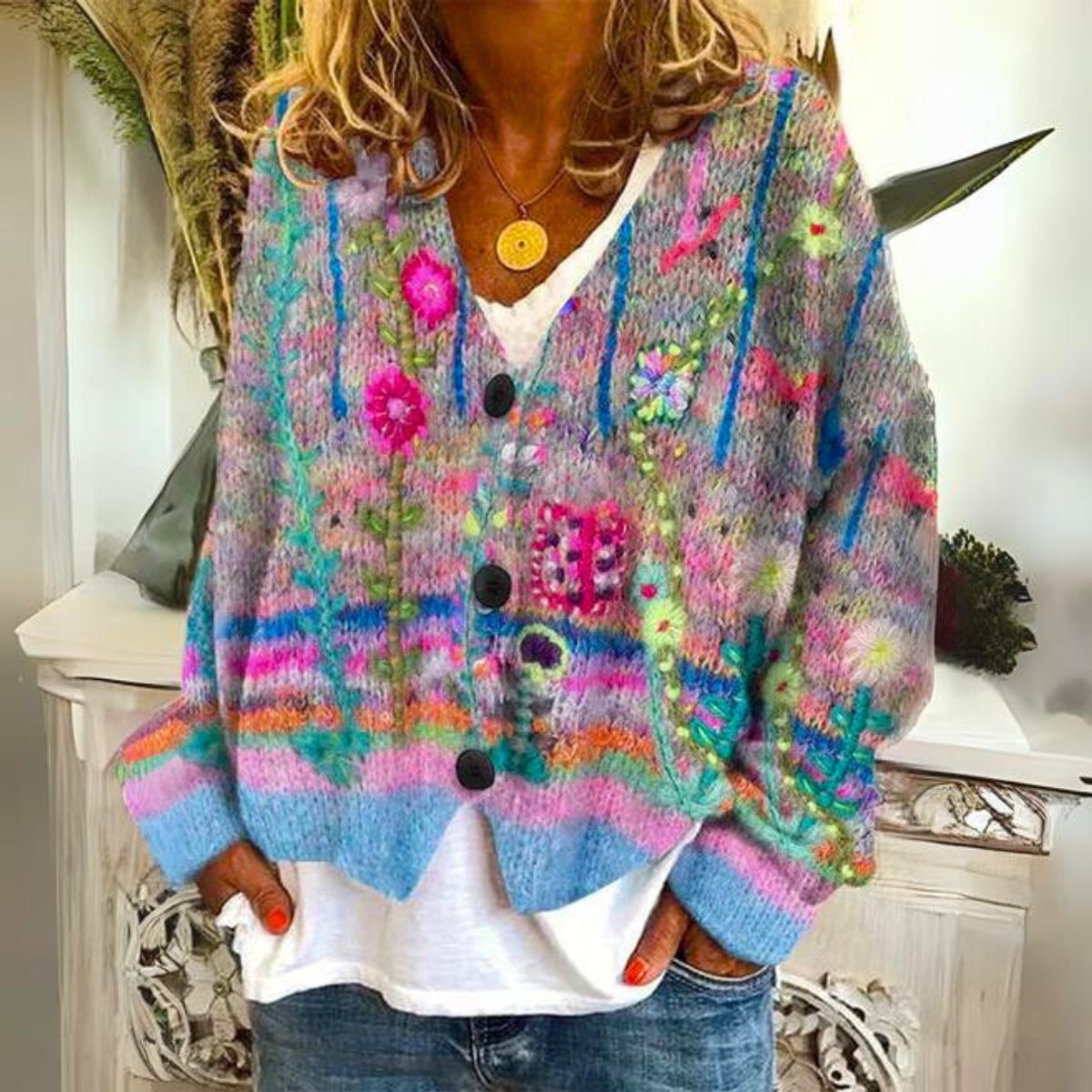 Women's Boho Floral Embroidered Button-Up Knit Sweater Cardigan - Blue