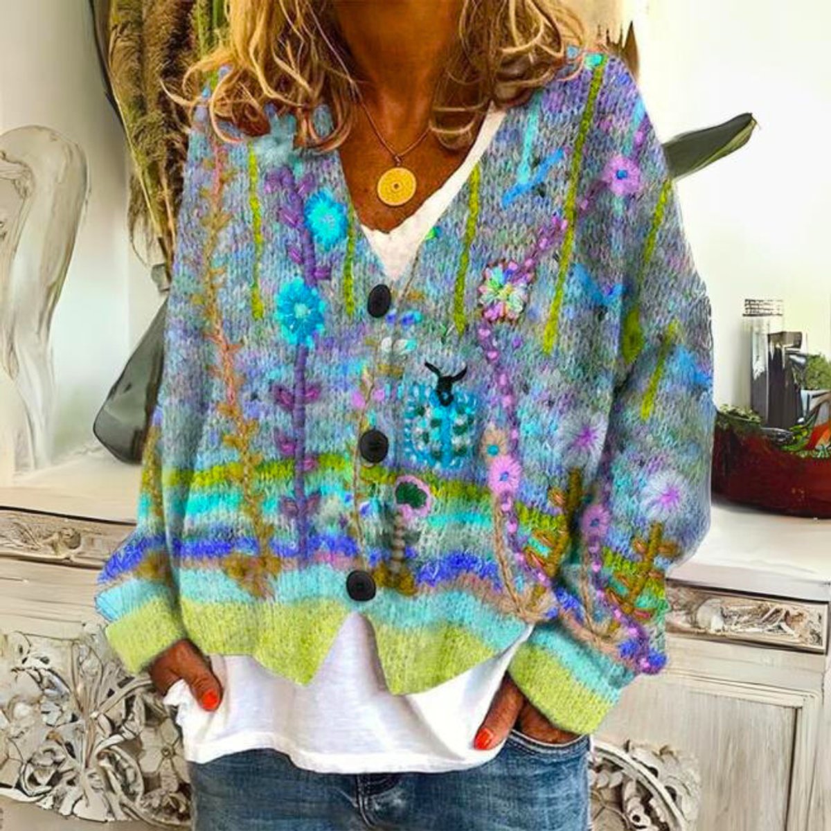 Women's Boho Floral Embroidered Button-Up Knit Sweater Cardigan - Green