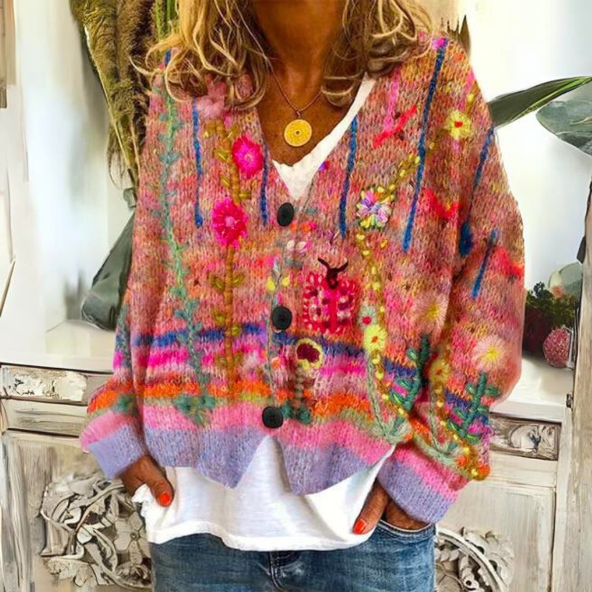 Women's Boho Floral Embroidered Button-Up Knit Sweater Cardigan - Red