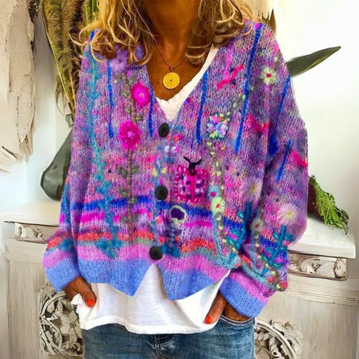 Women's Boho Floral Embroidered Button-Up Knit Sweater Cardigan - Purple
