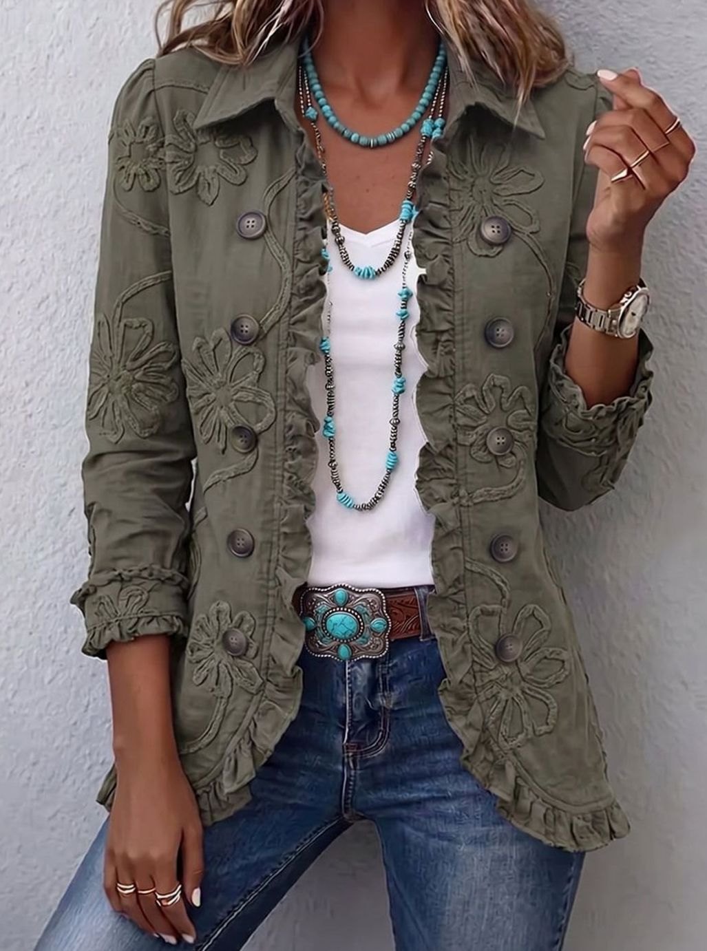 Women's Boho Floral Embroidered Ruffle Button Utility Jacket - Retro Green
