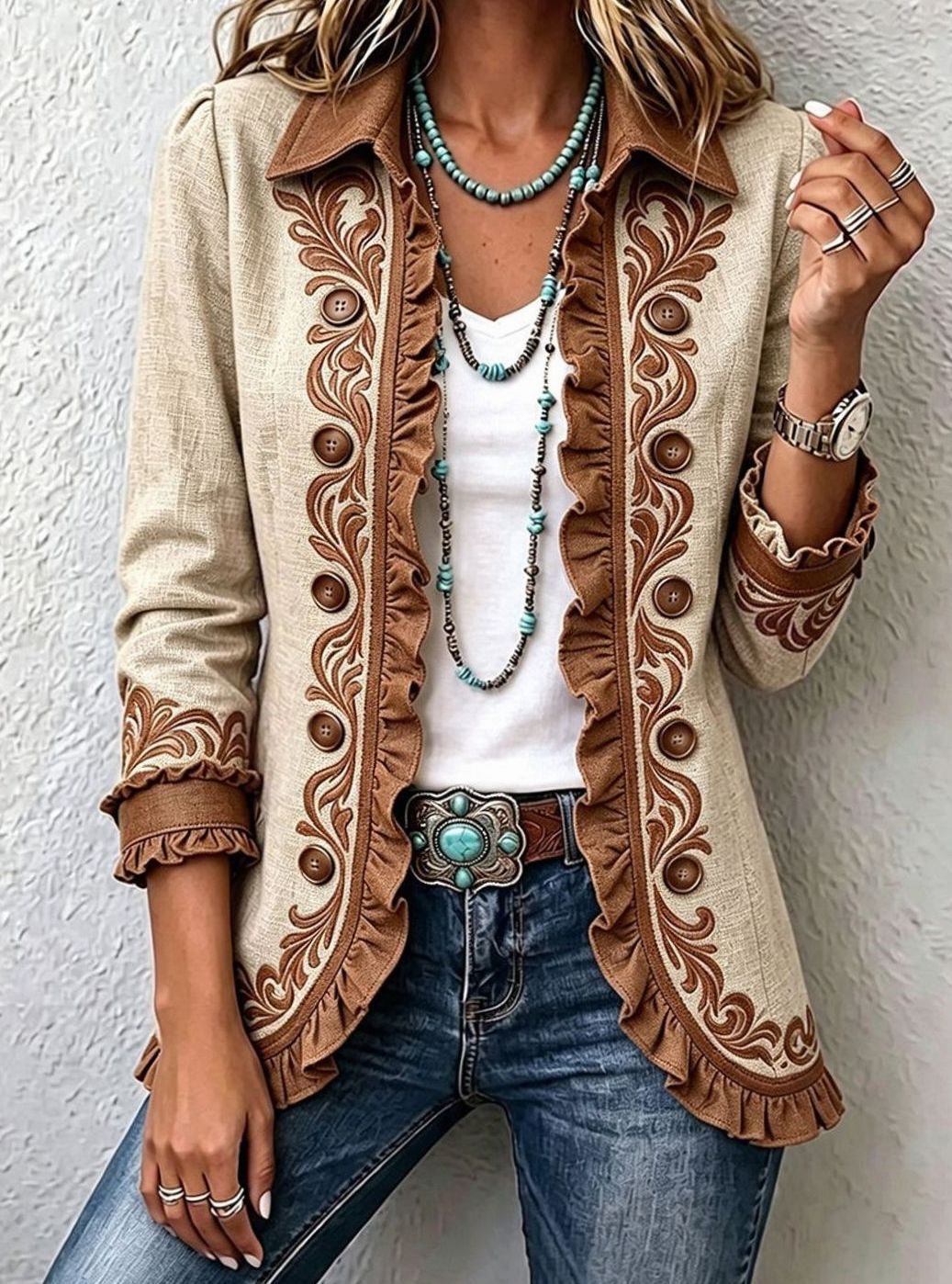 Women's Boho Floral Embroidered Ruffle Open-Front Jacket - Tan & Brown