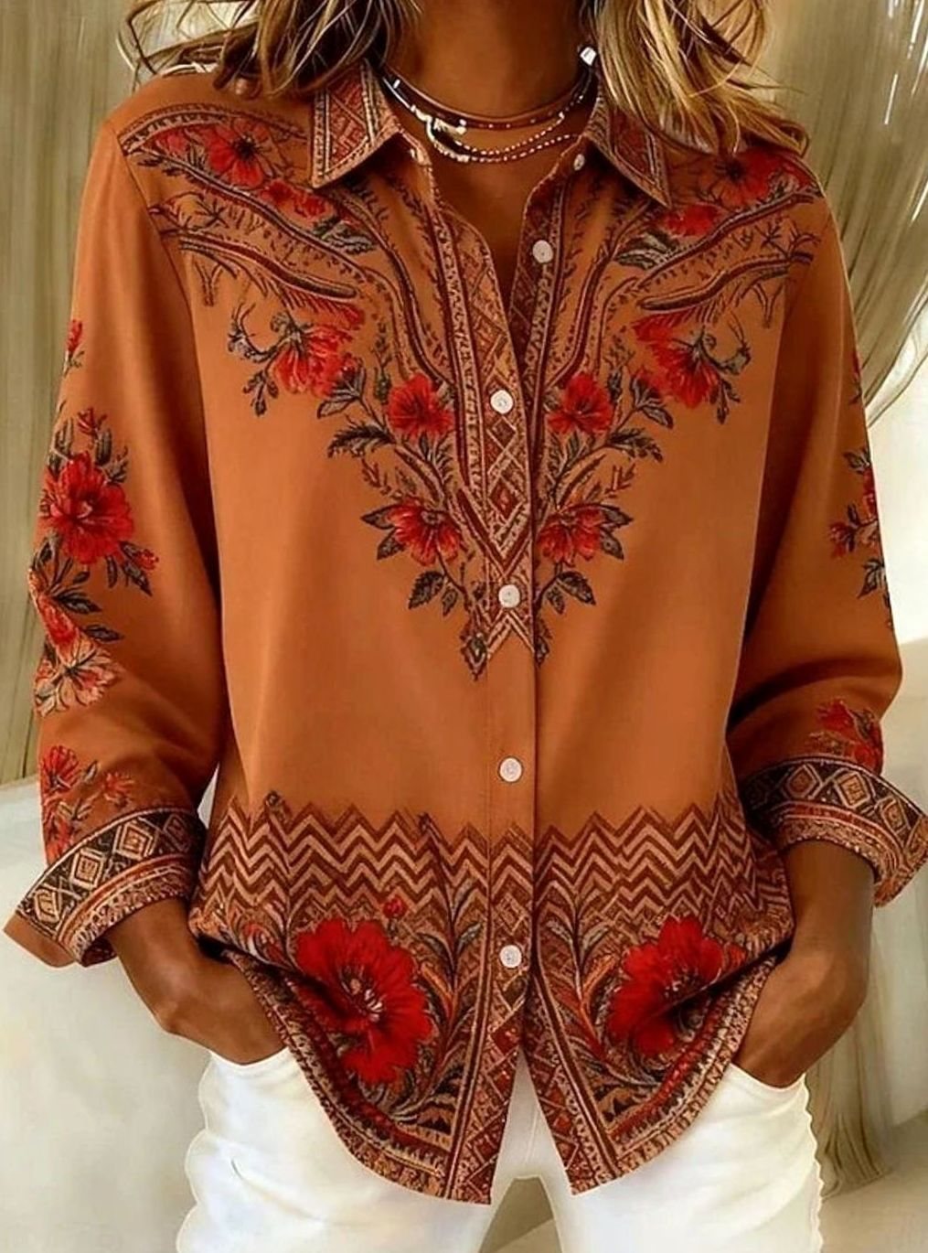 Women's Boho Floral Print Long Sleeve Button-Up Blouse - Terracotta