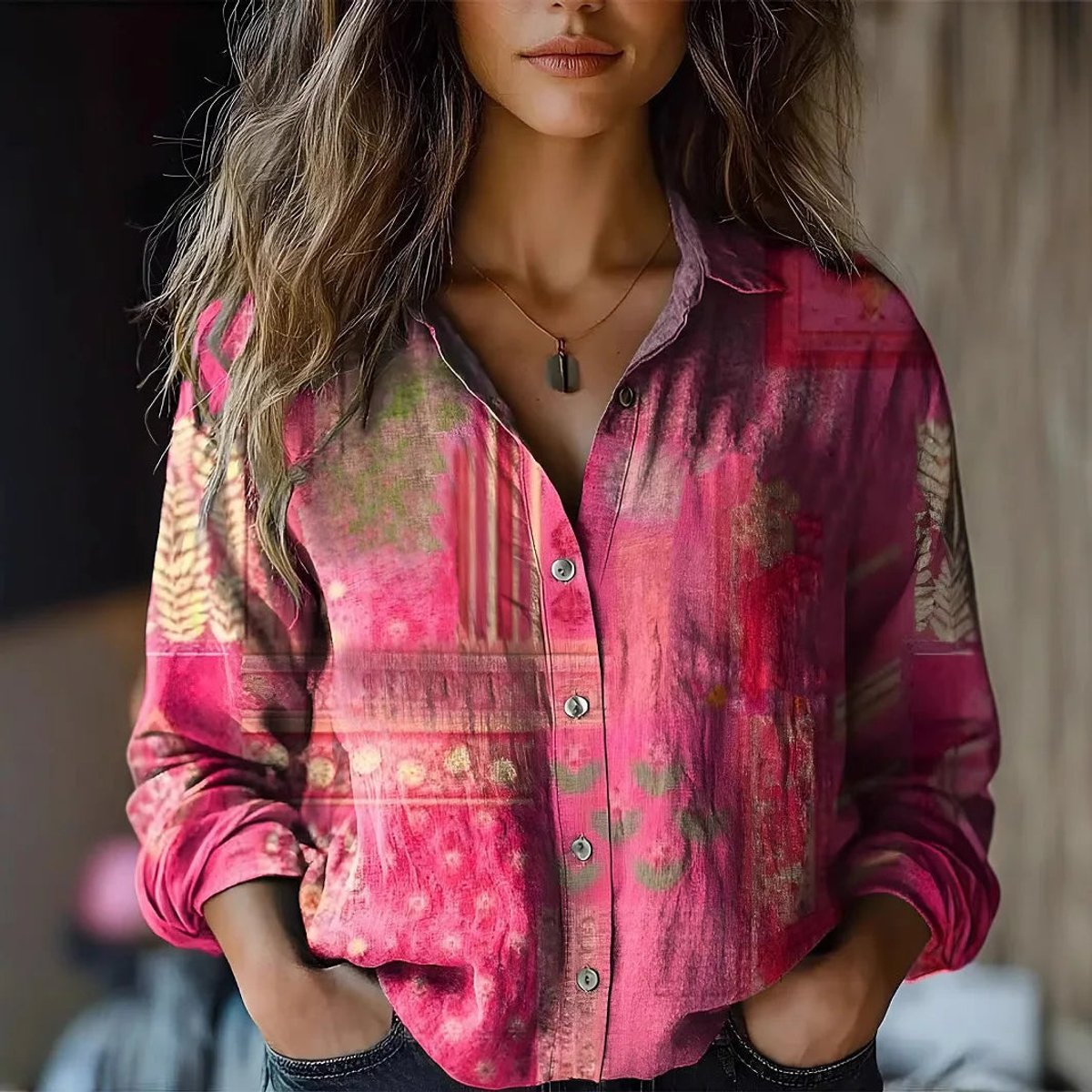 Women's Boho Floral-Print Long-Sleeve Button-Up Blouse - Pink