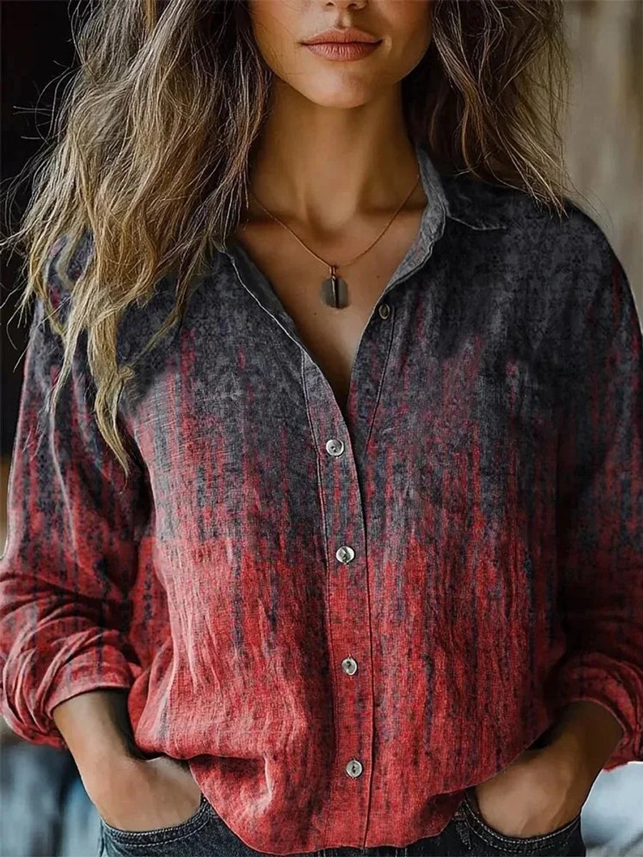 Women's Boho Floral-Print Long-Sleeve Button-Up Blouse - Red-Dark Grey