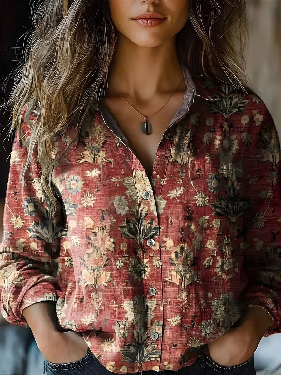 Women's Boho Floral-Print Long-Sleeve Button-Up Blouse