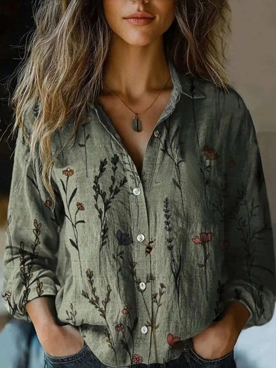 Women's Boho Floral-Print Long-Sleeve Button-Up Blouse - Olive Green
