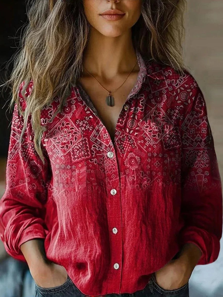 Women's Boho Floral-Print Long-Sleeve Button-Up Blouse - Deep Red