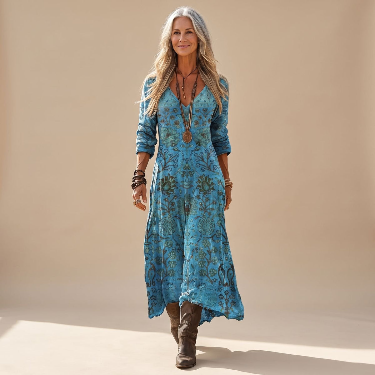 Women's Boho Floral-Print V-Neck Long-Sleeve Maxi Dress - Blue