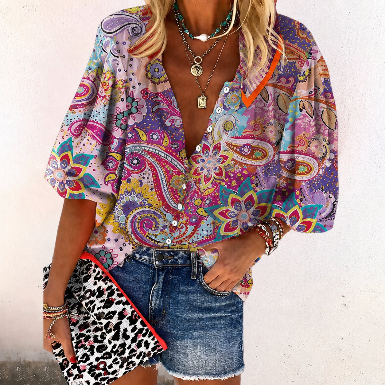 Women's Boho Floral V-Neck Long Sleeve Button-Down Blouse - Pink