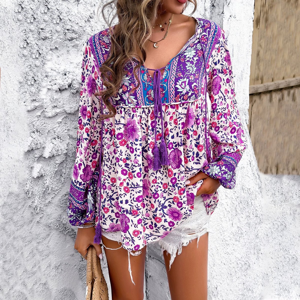 Women's Boho Floral V-Neck Tassel Drawstring Relaxed Tunic Top - Lila