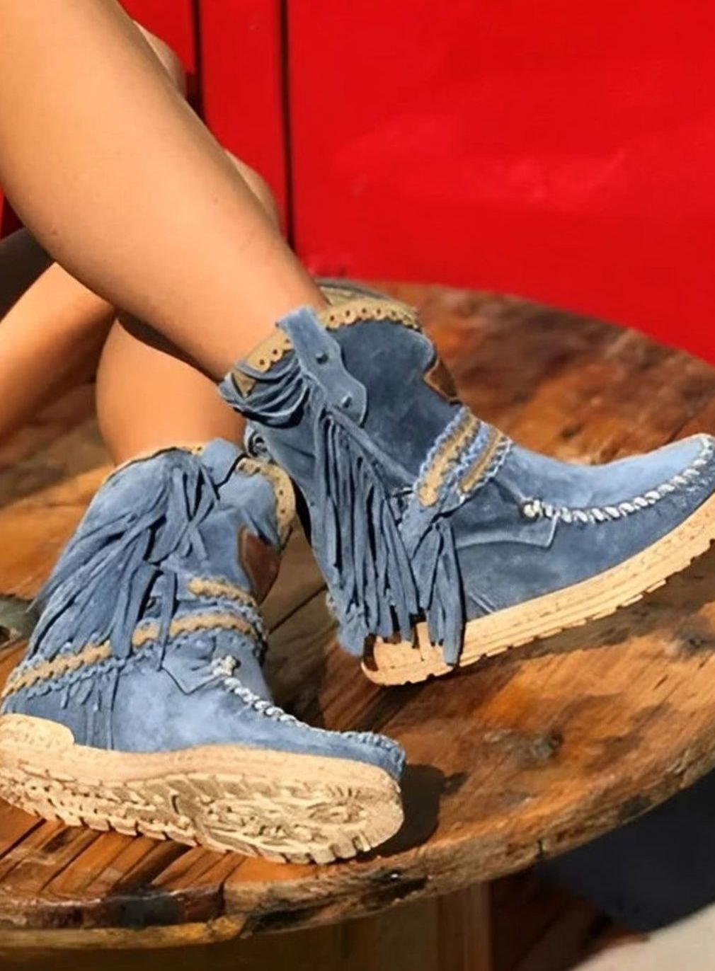 Women's Boho Fringe Suede Slip-On Ankle Boots