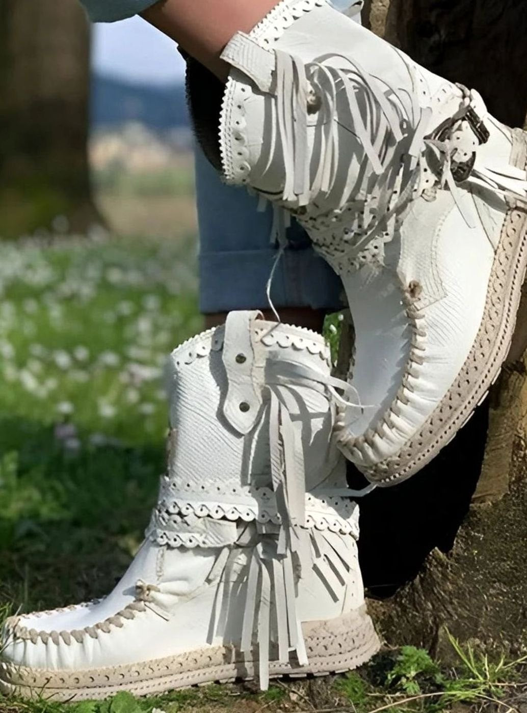 Women's Boho Fringe Suede Slip-On Ankle Boots - Off White