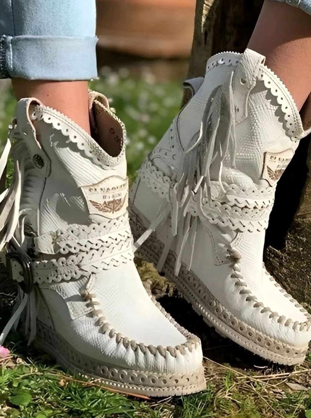 Women's Boho Fringe Suede Slip-On Ankle Boots
