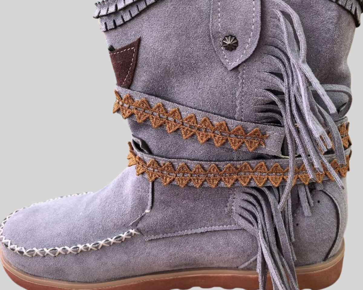 Women's Boho Fringe Suede Slip-On Ankle Boots