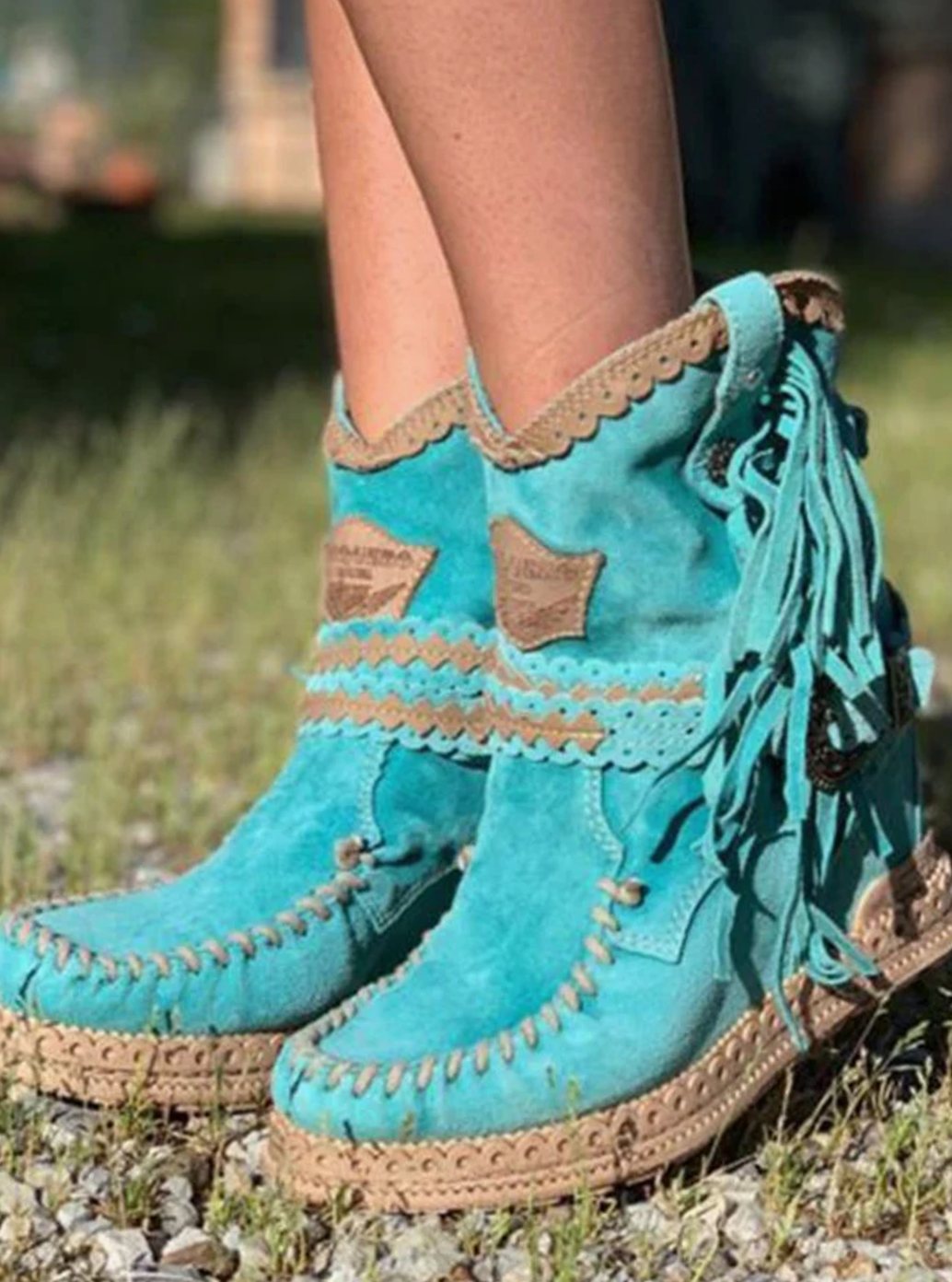 Women's Boho Fringe Suede Slip-On Ankle Boots - Teal Blue