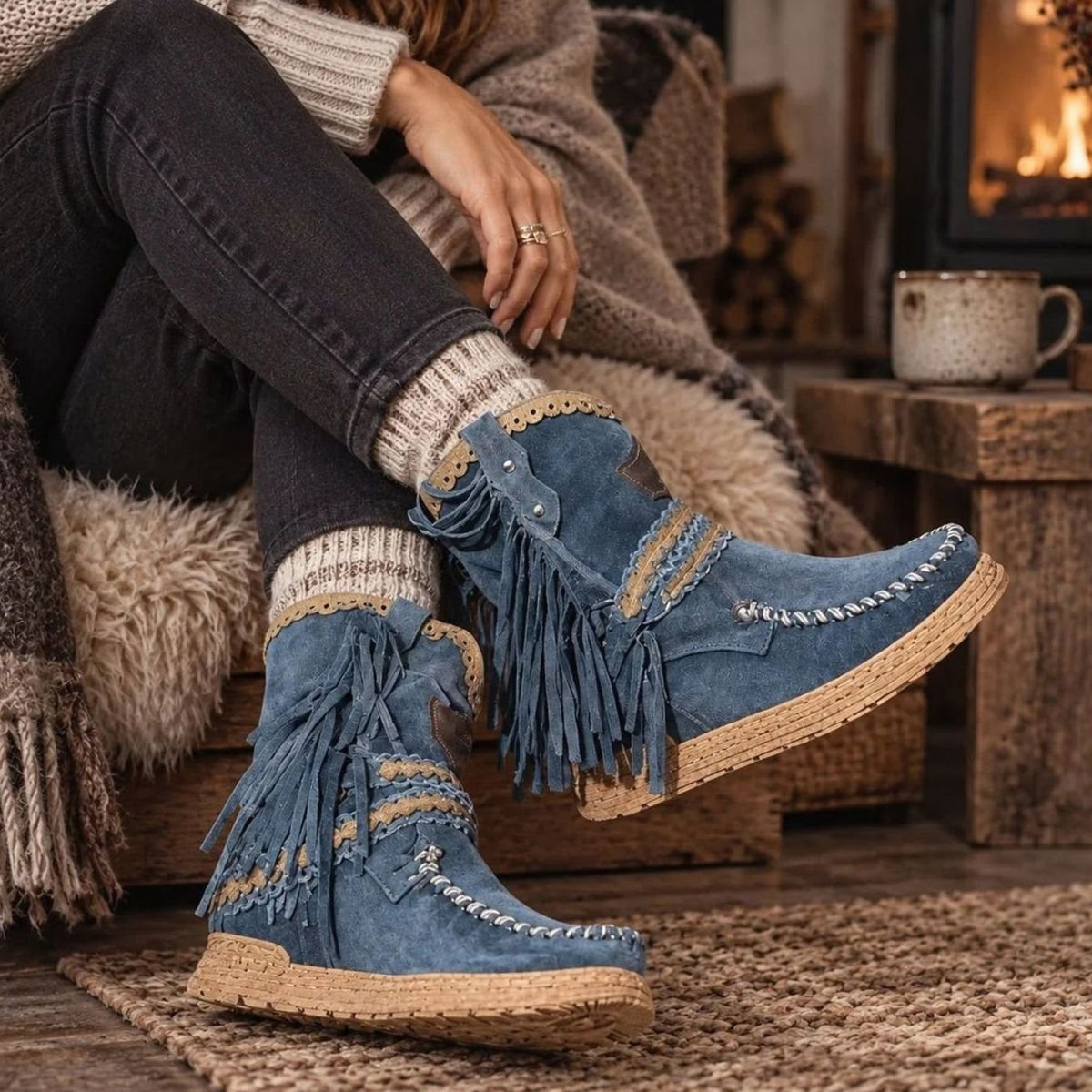 Women's Boho Fringe Suede Slip-On Ankle Boots