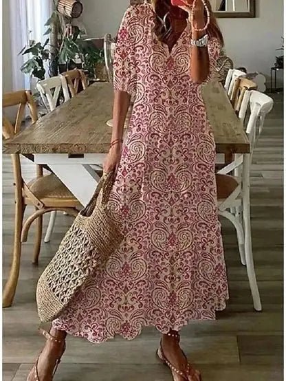 Women's Boho Geometric-Print V-Neck Lantern-Sleeve Maxi Dress - Red