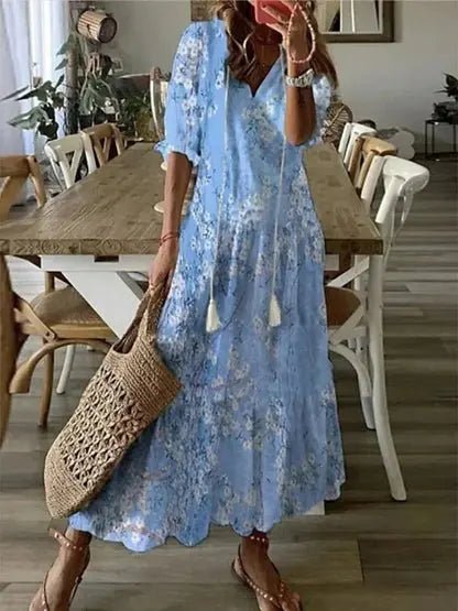Women's Boho Geometric-Print V-Neck Lantern-Sleeve Maxi Dress - Light Blue