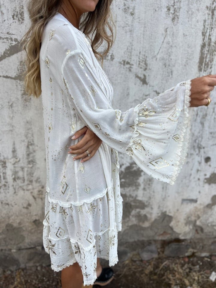 Women's Boho Gold-Embellished Flared-Sleeve Tiered Mini Dress