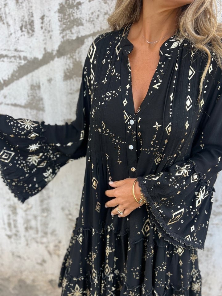 Women's Boho Gold-Embellished Flared-Sleeve Tiered Mini Dress