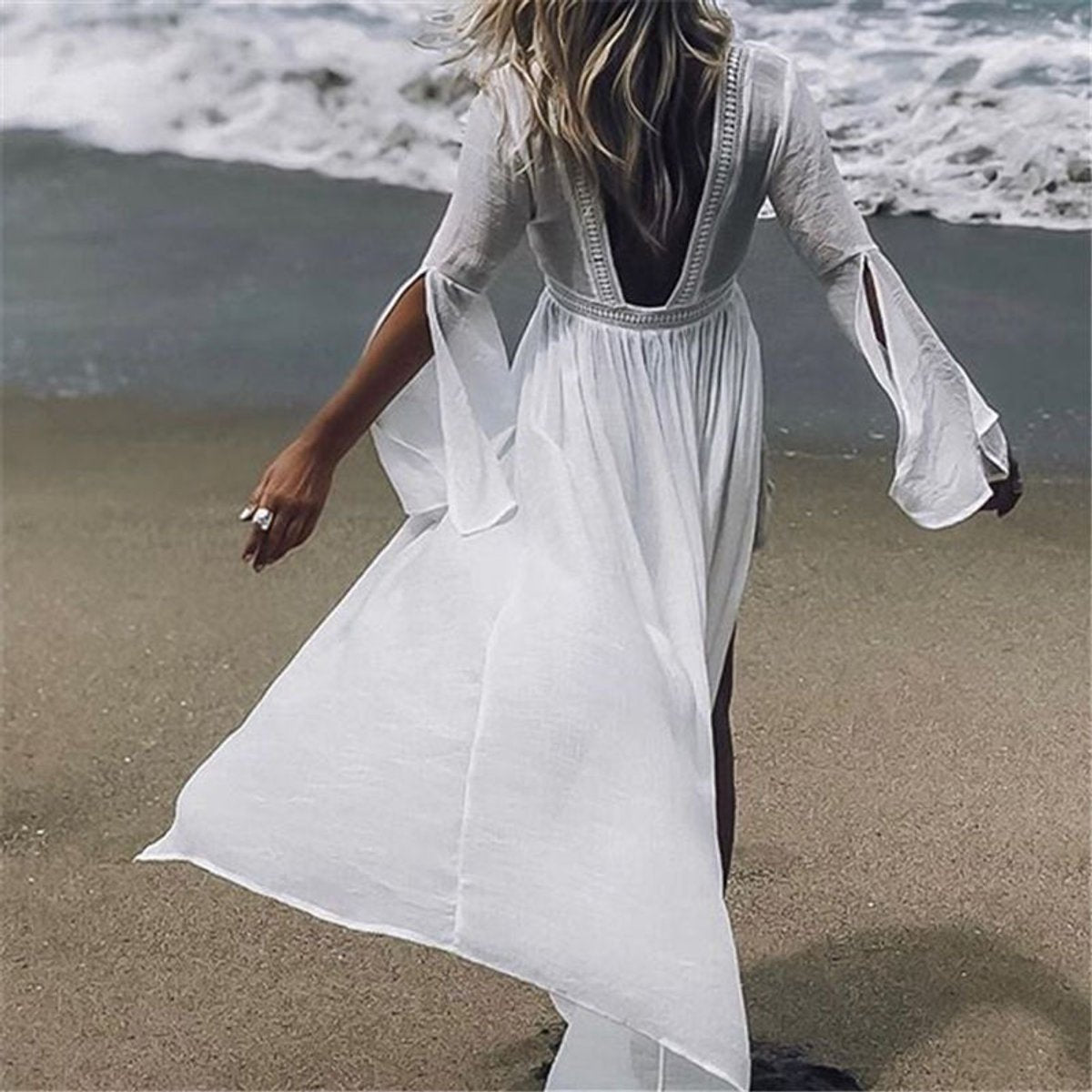 Women's Boho Open-Back Maxi Beach Tunic Kimono Cover-Up