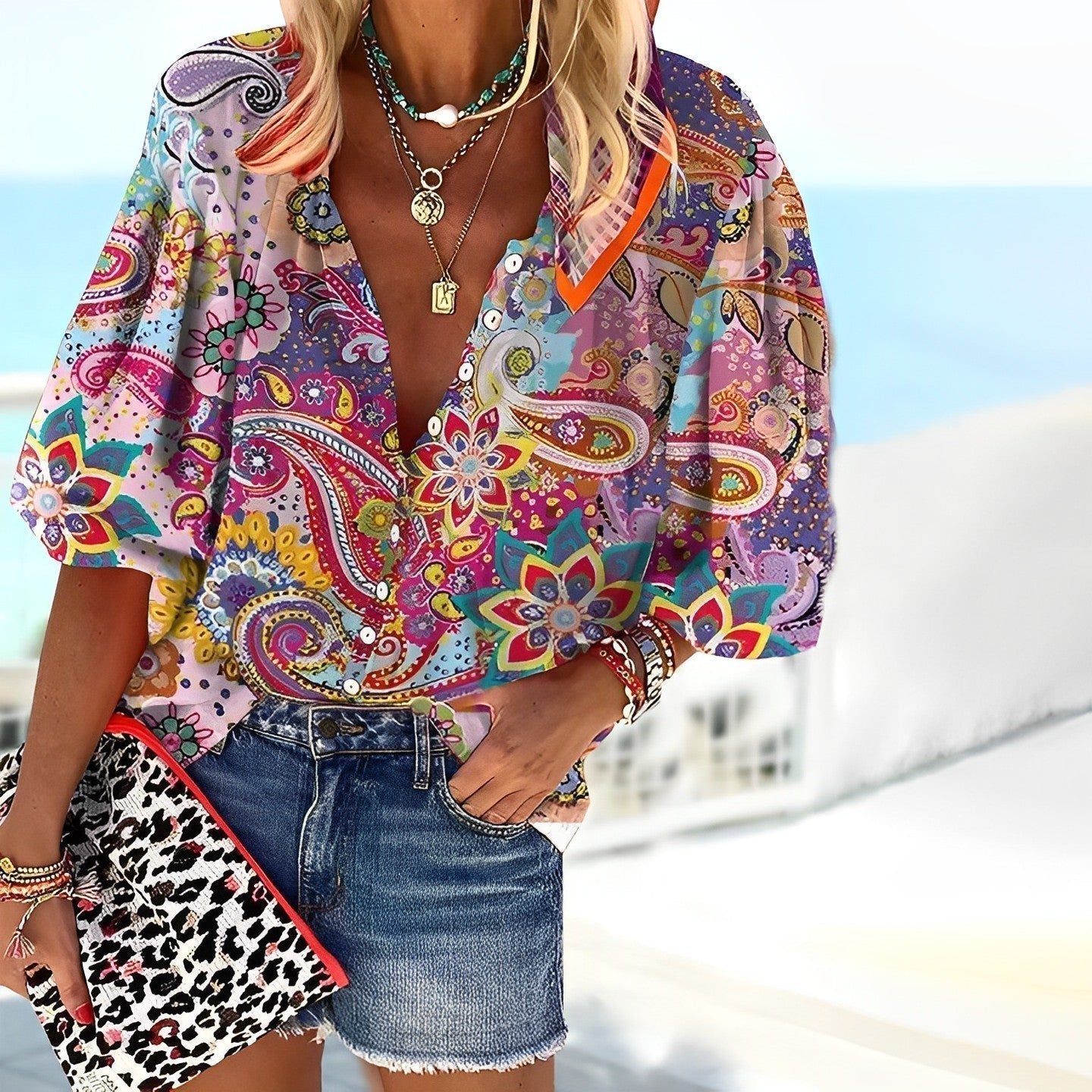 Women's Boho Paisley Print V-Neck Button-Down Blouse - Multicolor