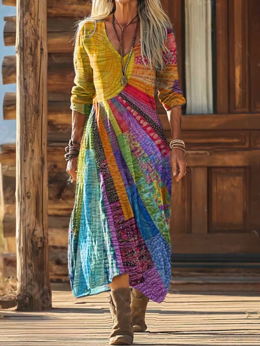 Women's Boho Patchwork Print Long Sleeve V-Neck Midi Dress
