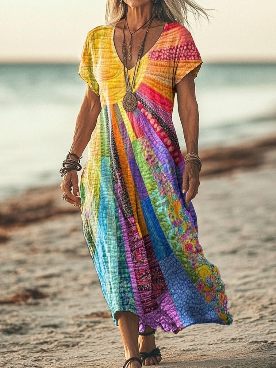 Women's Boho Patchwork Print Long Sleeve V-Neck Midi Dress