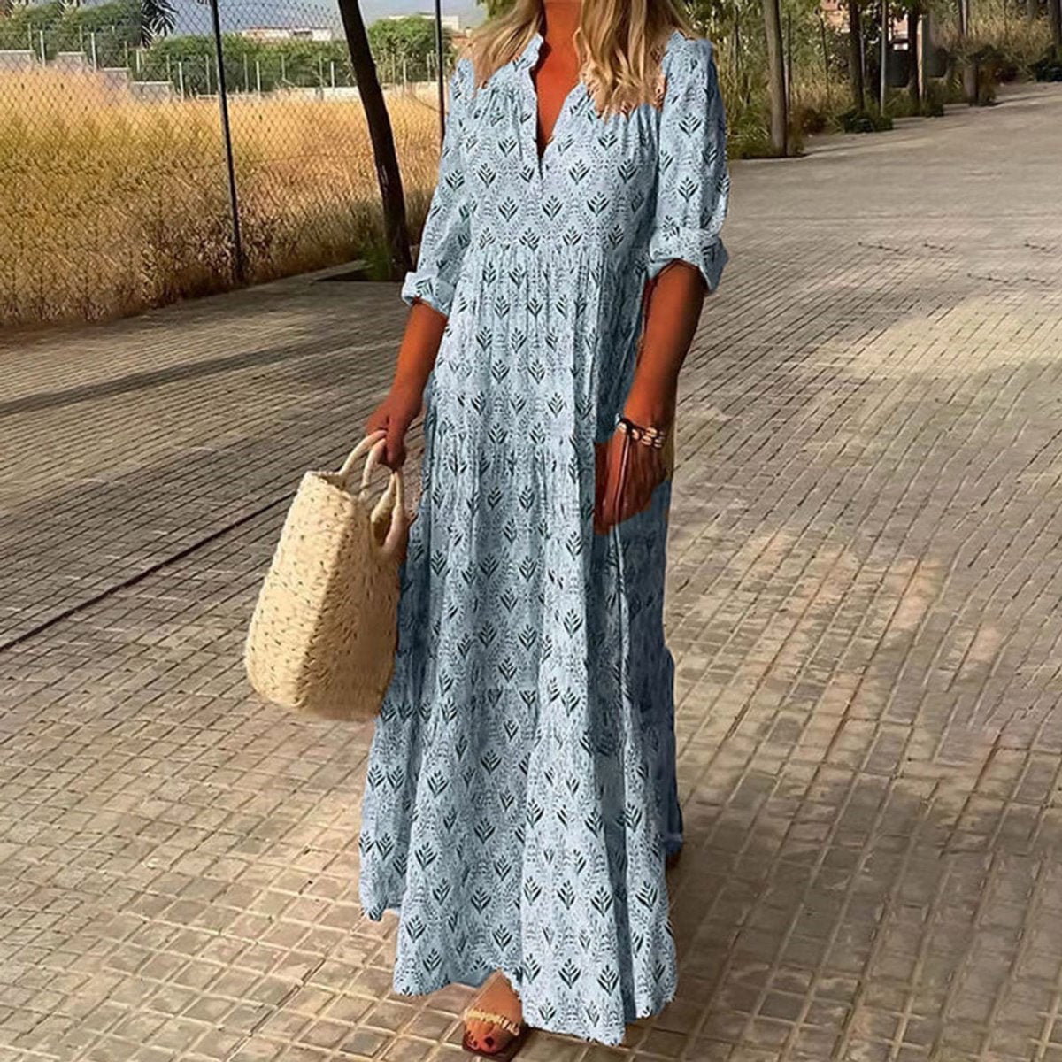 Women's Boho Printed Maxi Cocktail Party Dress V-Neck Tiered - Blue