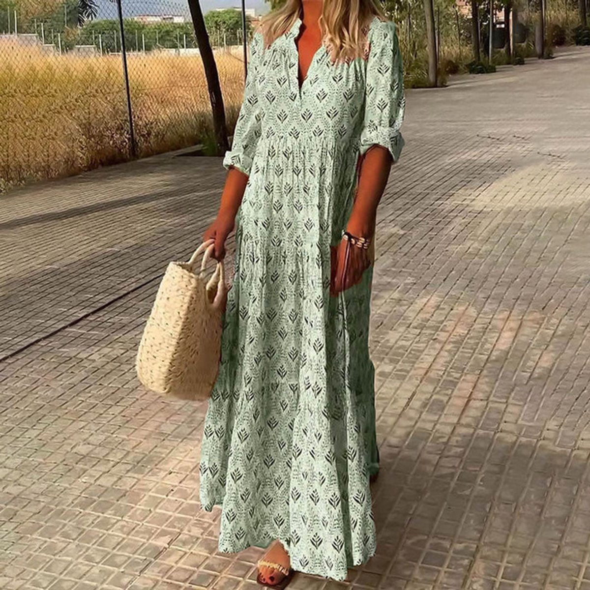 Women's Boho Printed Maxi Cocktail Party Dress V-Neck Tiered - Green