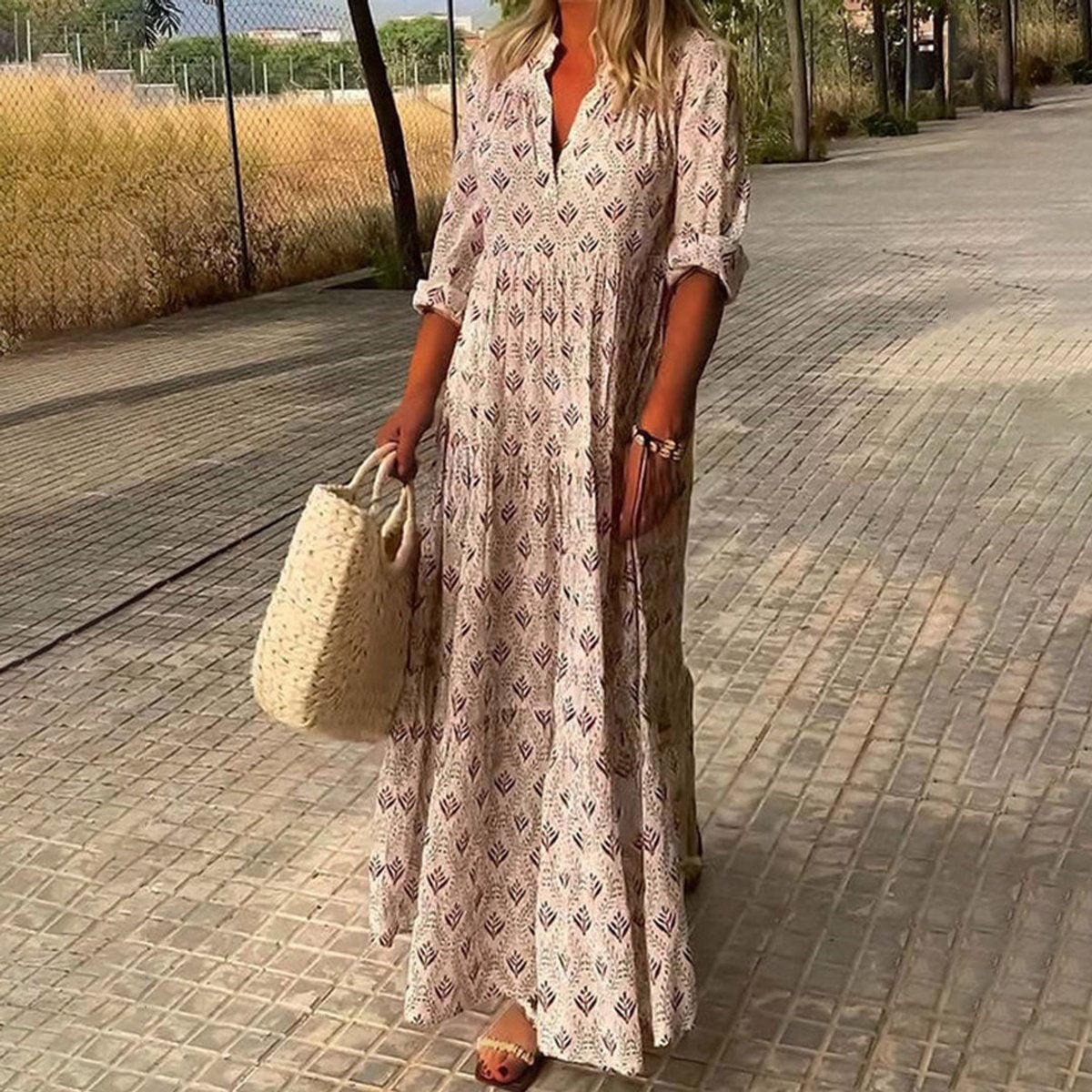 Women's Boho Printed Maxi Cocktail Party Dress V-Neck Tiered - Pink