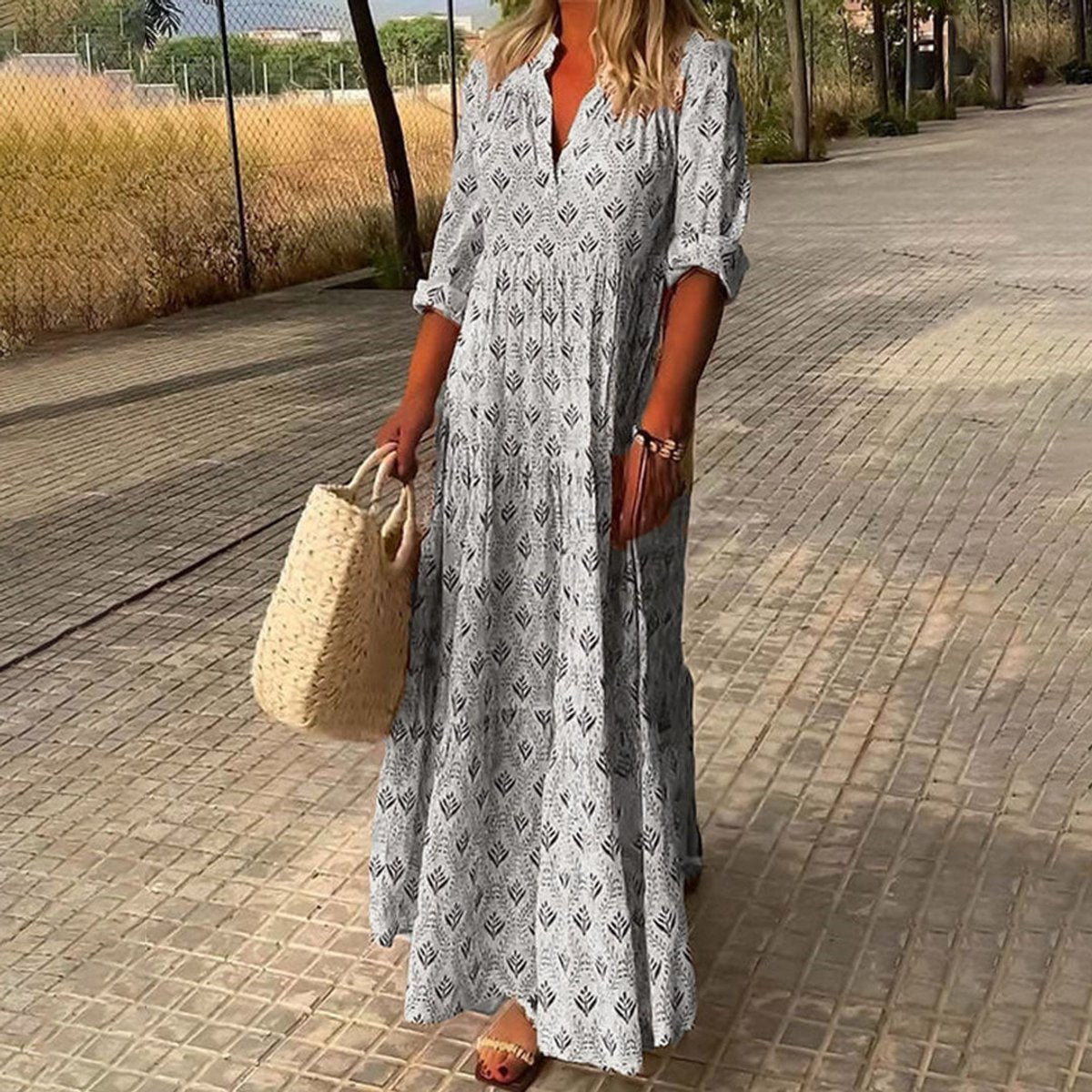Women's Boho Printed Maxi Cocktail Party Dress V-Neck Tiered - Grey