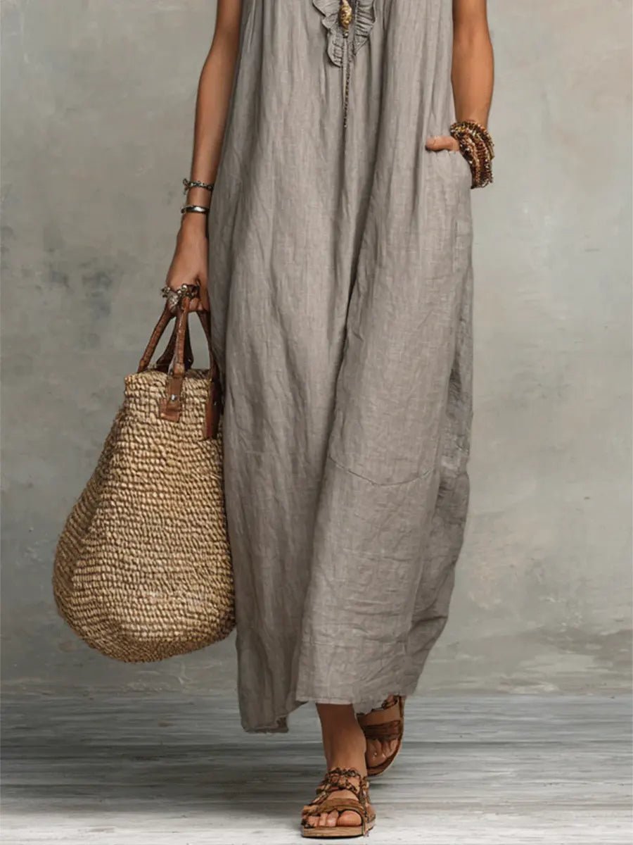 Women's Boho Ruffle V-Neck Flutter Sleeve Linen Maxi Dress