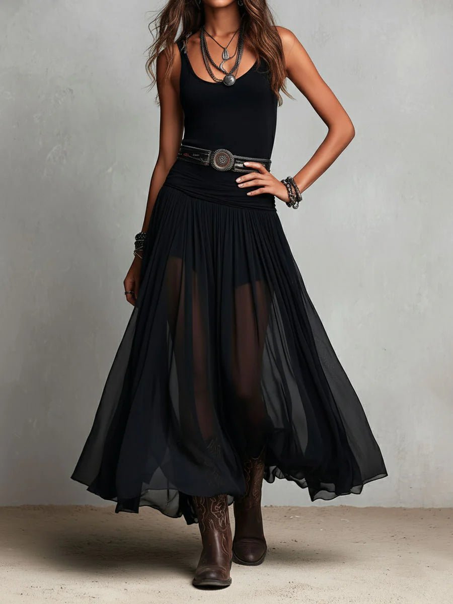 Women's Boho V-Neck Sleeveless Sheer Tulle Belted Maxi Dress