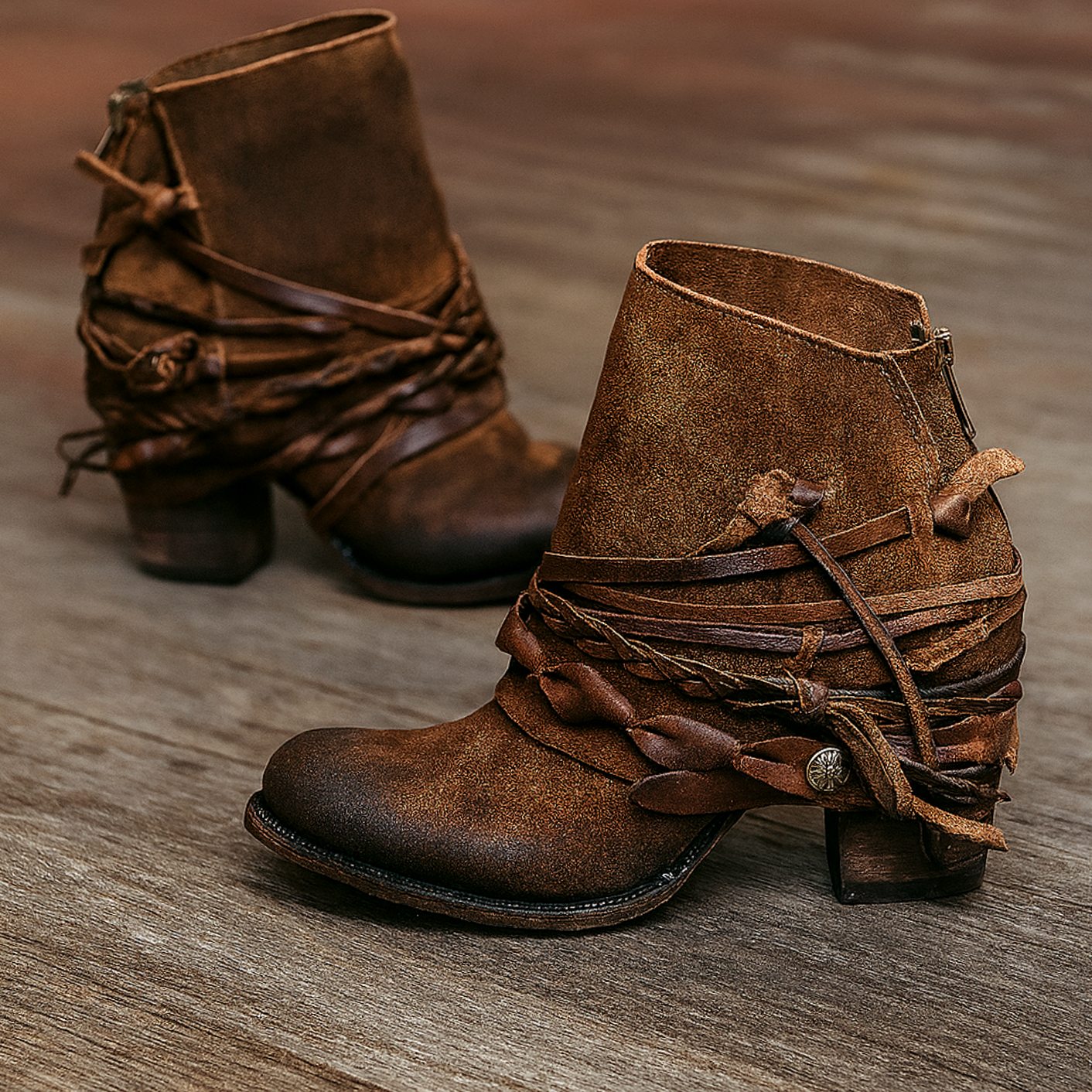 Women's Boho Western Wraparound-Strap Block-Heel Ankle Boots - Brown