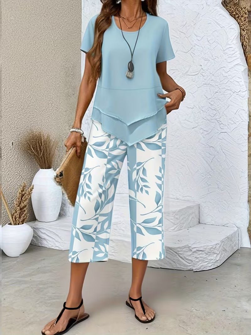 Women's Botanical Leaf Print Short Sleeve Relaxed Two Piece Set - Light Blue