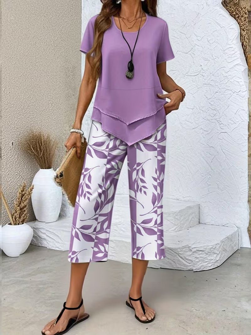 Women's Botanical Leaf Print Short Sleeve Relaxed Two Piece Set - Purple