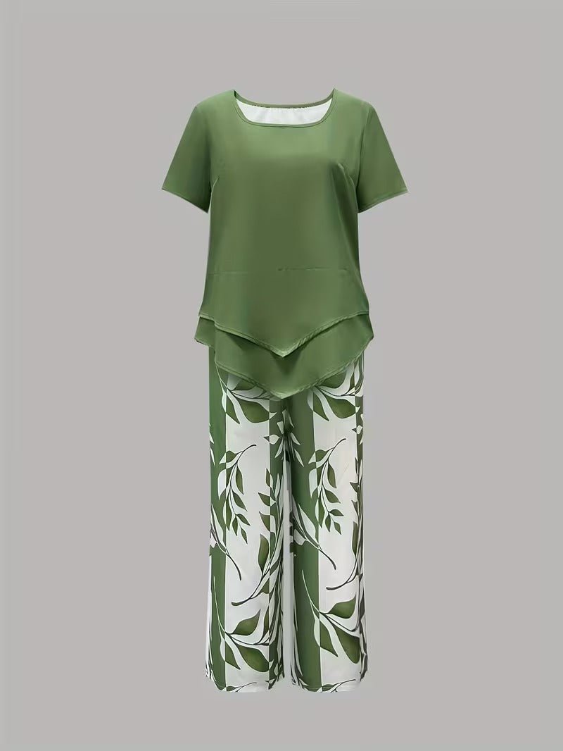 Women's Botanical Leaf Print Short Sleeve Relaxed Two Piece Set