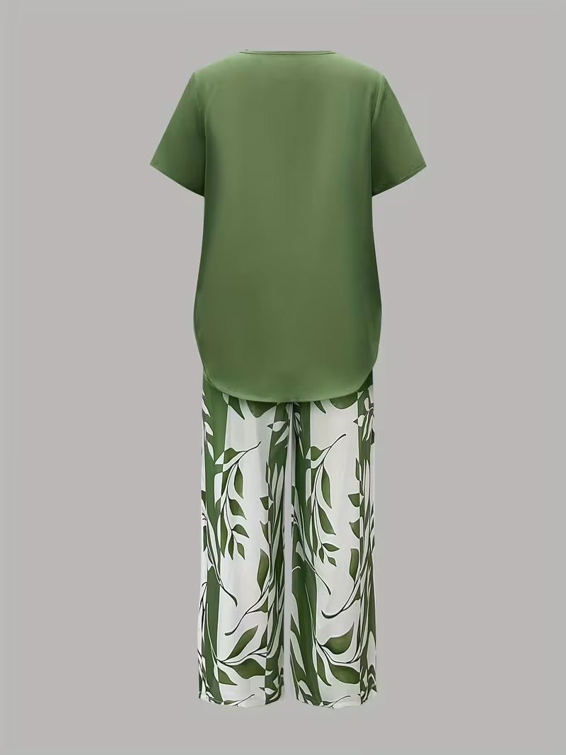 Women's Botanical Leaf Print Short Sleeve Relaxed Two Piece Set