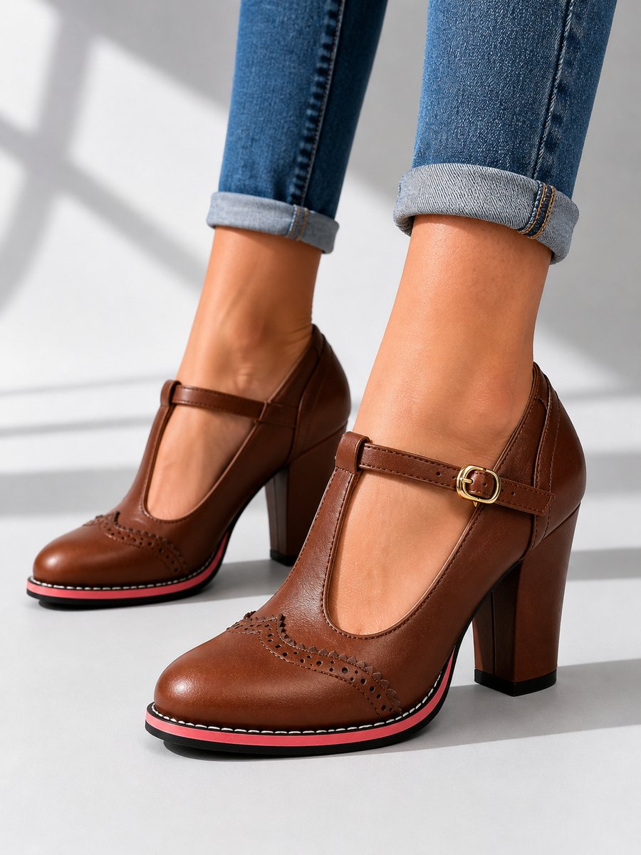 Womens Brogue T-Bar Block Heel Leather-Look Ankle Boots - Brown