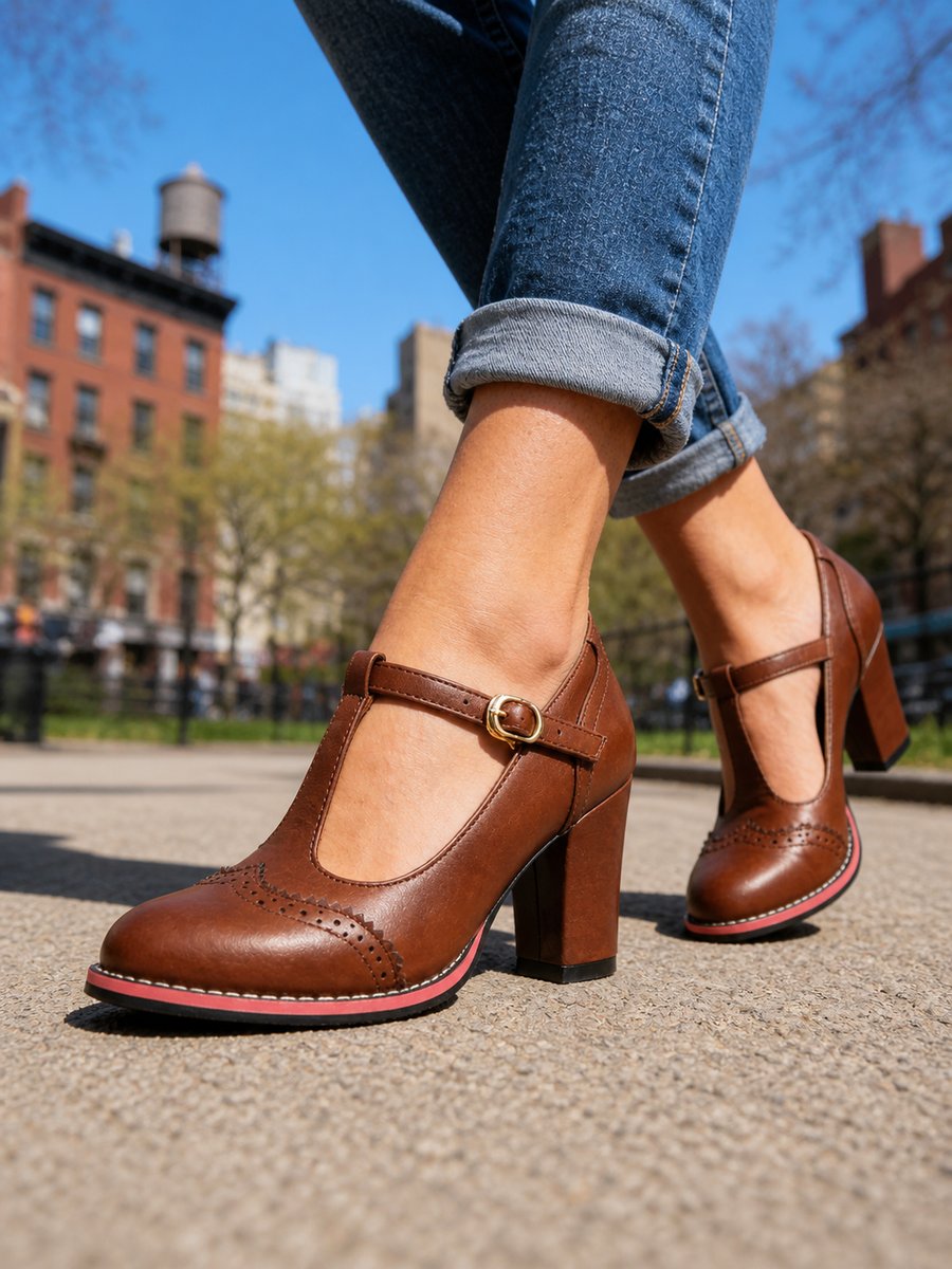 Womens Brogue T-Bar Block Heel Leather-Look Ankle Boots