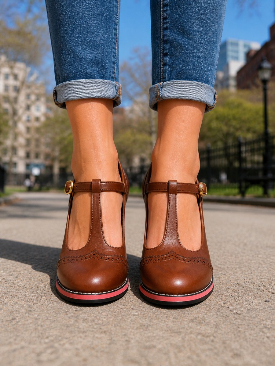 Womens Brogue T-Bar Block Heel Leather-Look Ankle Boots