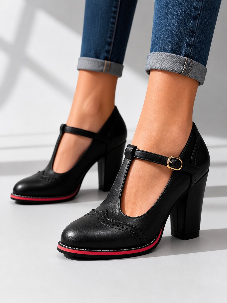 Womens Brogue T-Bar Block Heel Leather-Look Ankle Boots - Black