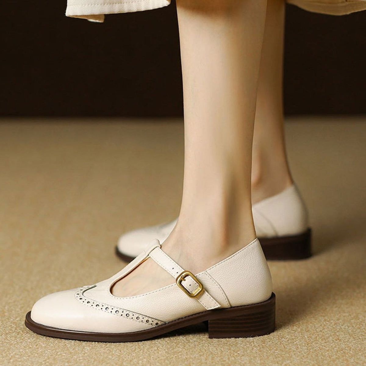 Women's Brogue T-Bar Buckle Low-Heel Mary Jane Shoes - Beige