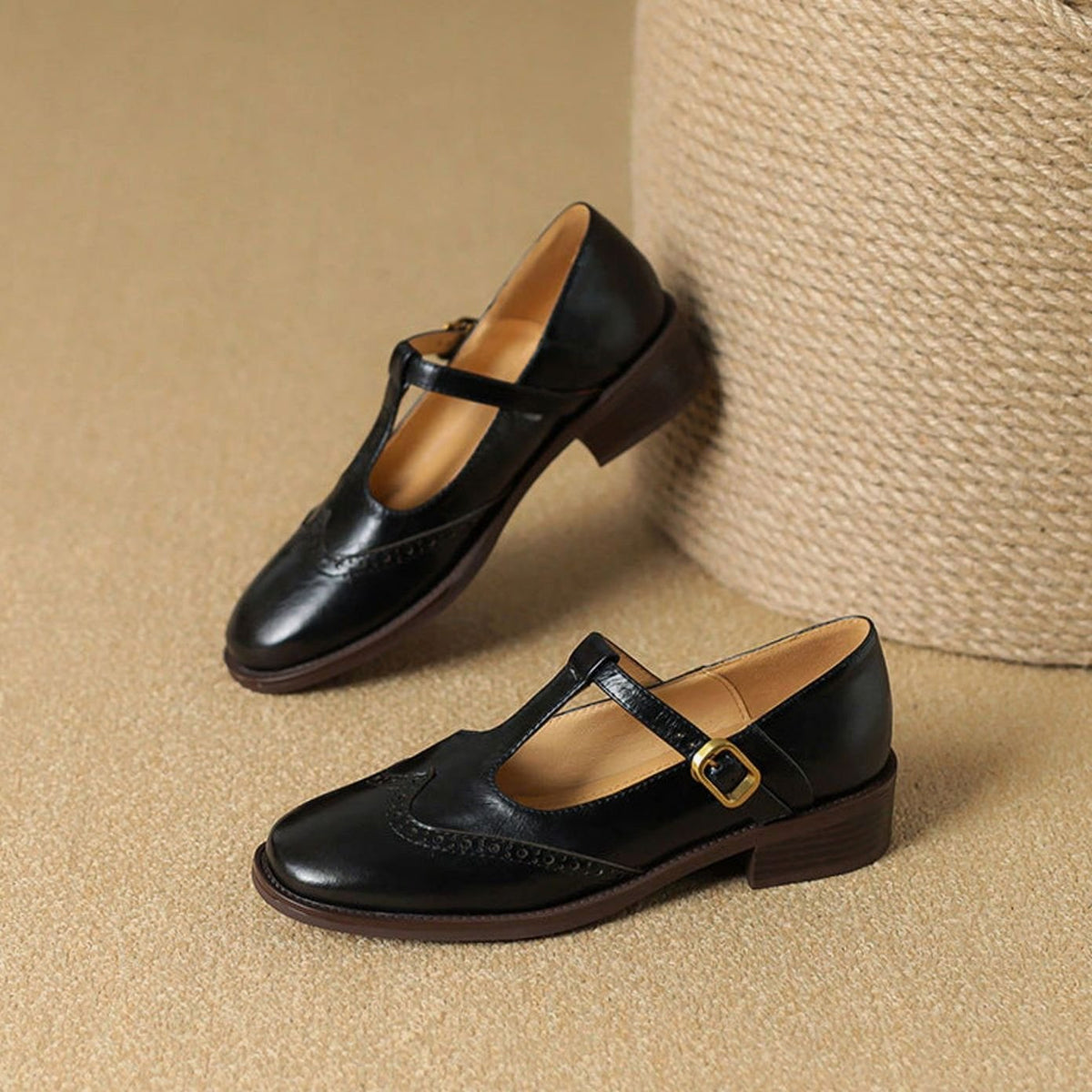 Women's Brogue T-Bar Buckle Low-Heel Mary Jane Shoes