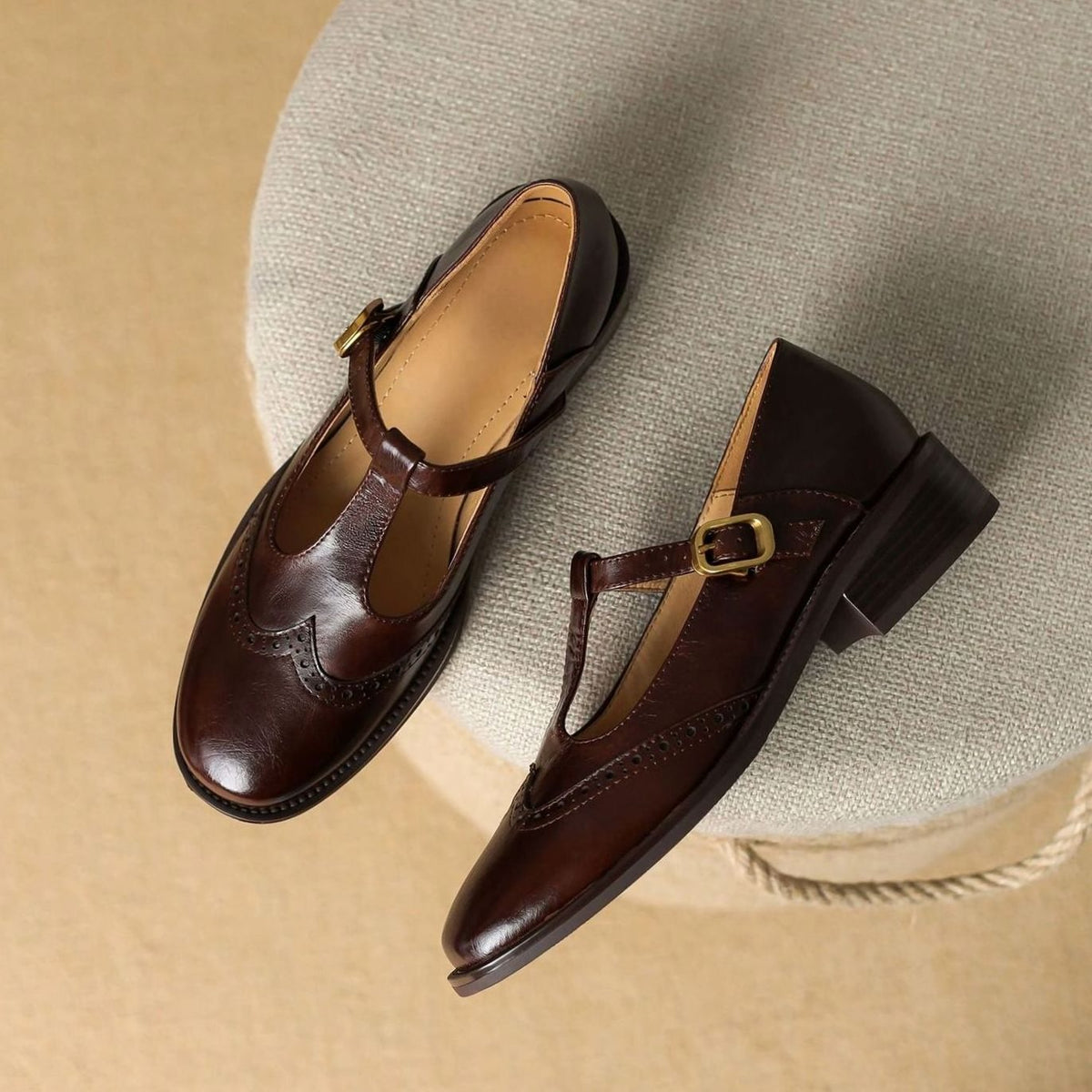 Women's Brogue T-Bar Buckle Low-Heel Mary Jane Shoes