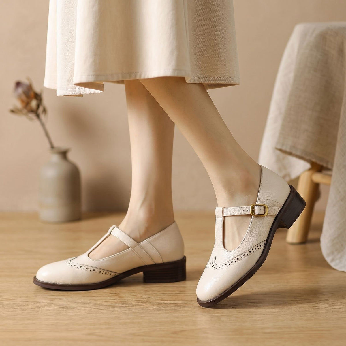 Women's Brogue T-Bar Mary Jane Shoes Low Block Heel - Beige